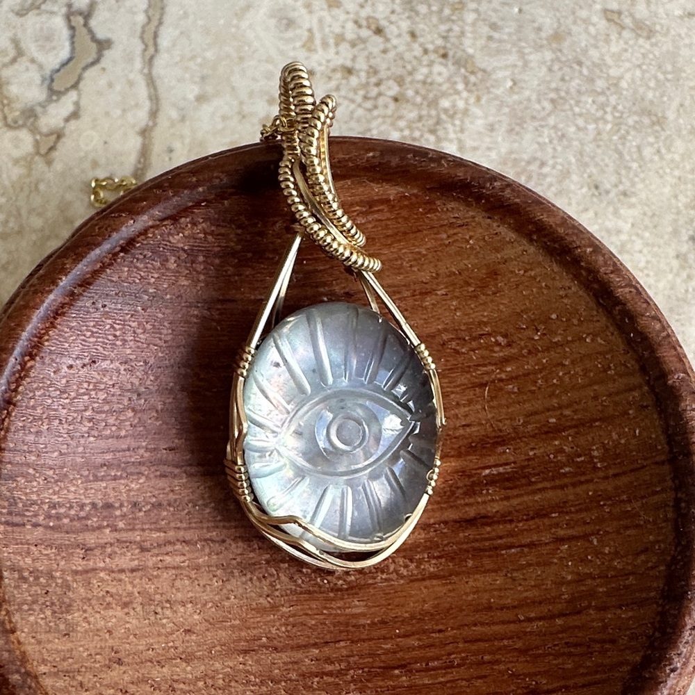 14k Gold Filled hand carved Evil Eye Protection Symbol Quartz Mother of Pearl